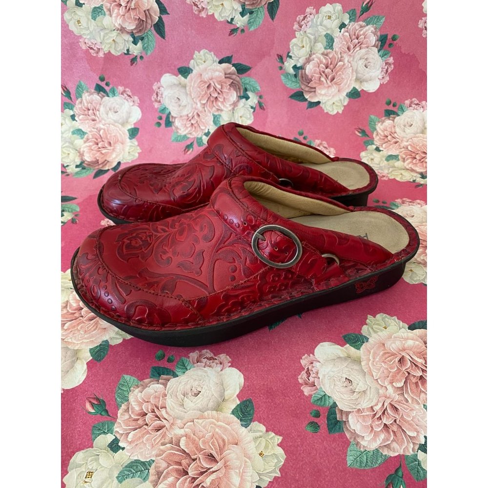 Alegria Red Embossed Leather Slip-On Clogs with Buckle